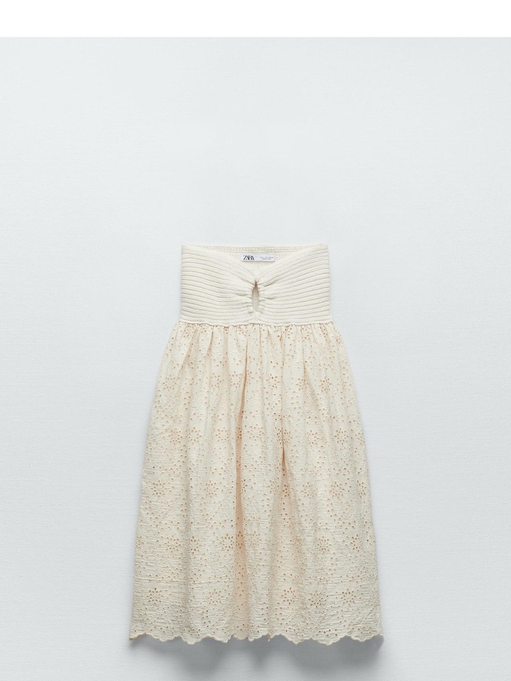Zara Cream Strapless Eyelet Midi Dress with Knit Bandeau
